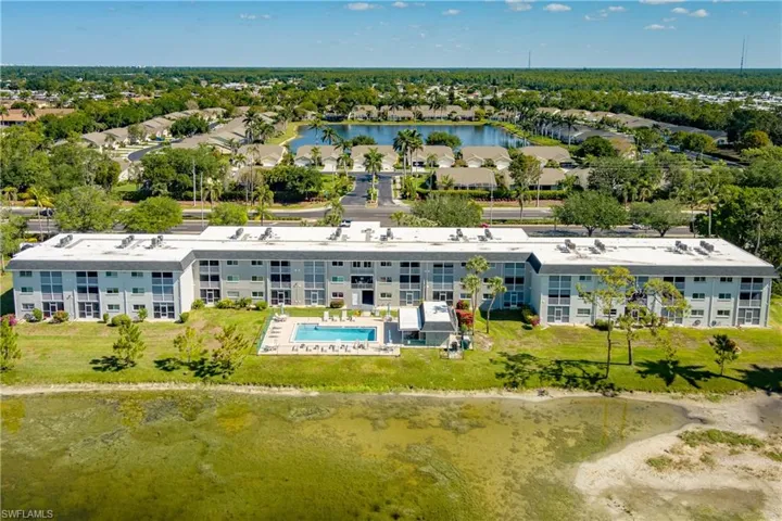 Birds eye view of property with a water view