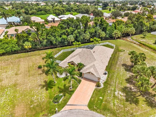 Single-story home featuring a screened lanai, a paved driveway, and mature landscaping