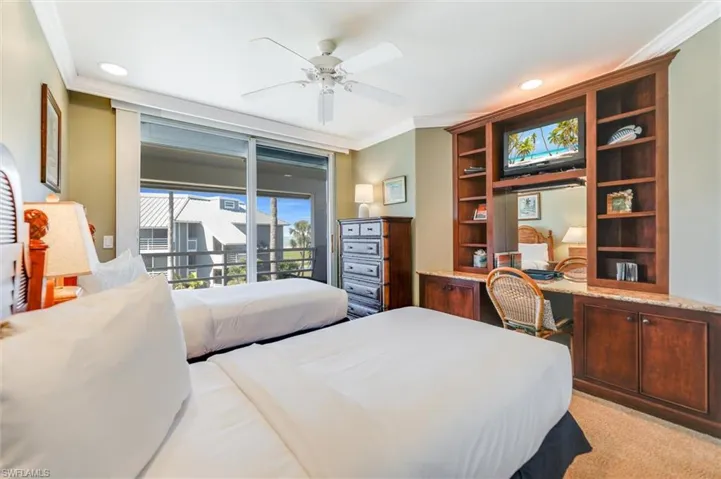 Bedroom featuring crown molding, access to outside, a ceiling fan, light colored carpet, and recessed lighting
