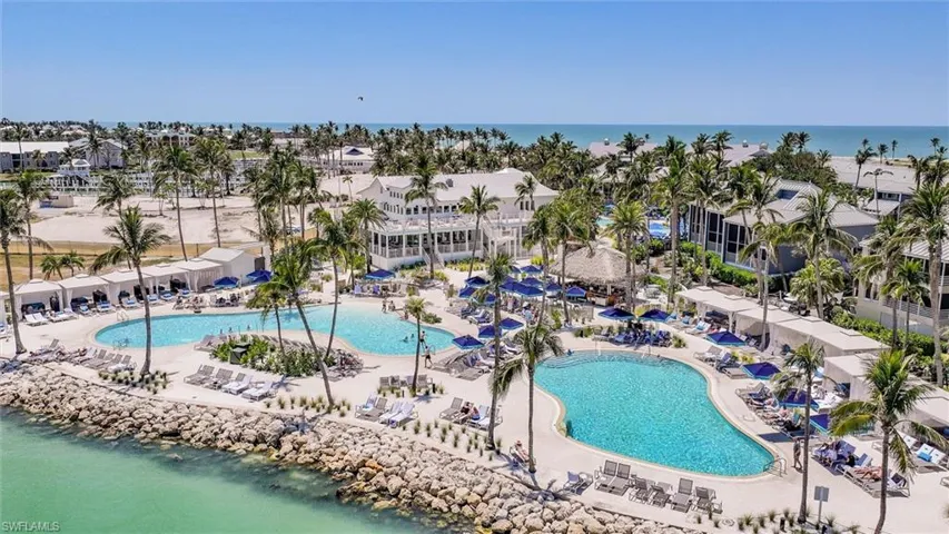 Bird's eye view of a pool and a nearby body of water