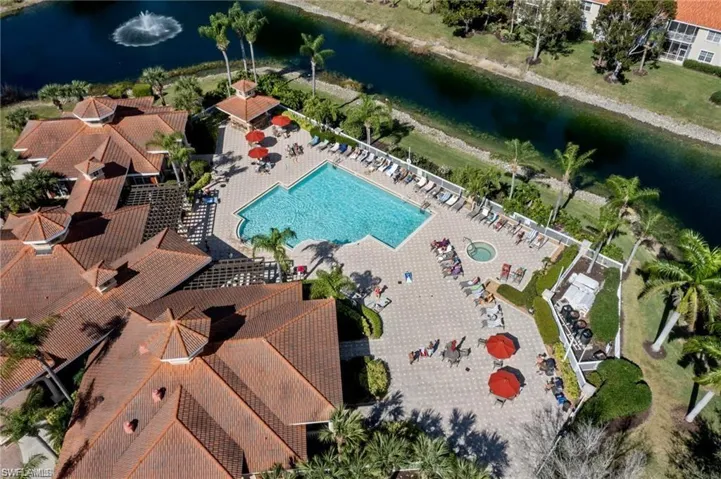 Bird's eye view of a large body of water and a pool area