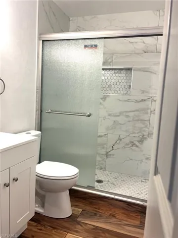 Full bath with a marble finish shower, dark wood-style floors, and vanity