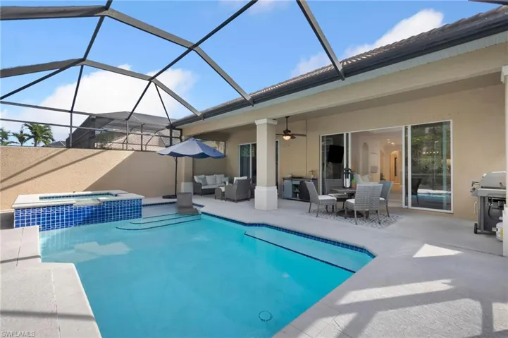 View of swimming pool with a pool with connected hot tub, an outdoor hangout area, a ceiling fan, a patio area, and a grill