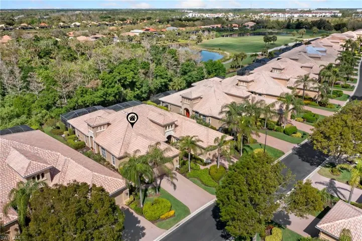 Birds eye view of property featuring view of golf course, a water view, and a residential view