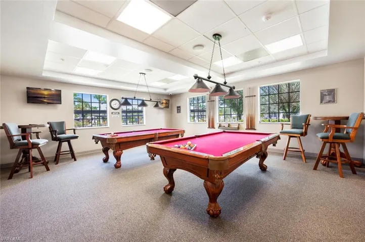 Playroom with a raised ceiling, billiards table, plenty of natural light, carpet, and a paneled ceiling