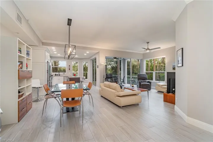 Open dining, kitchen, and living room