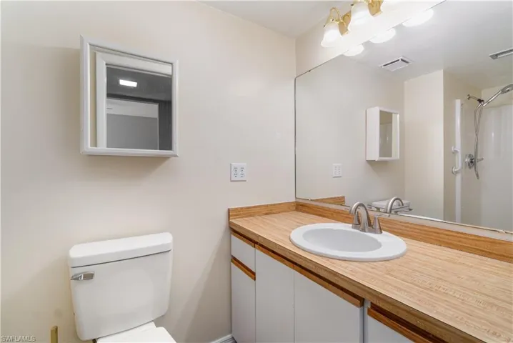 Full bath featuring vanity and a shower