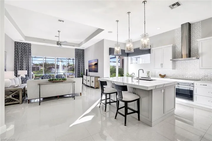 Large quartz counter leading to family room