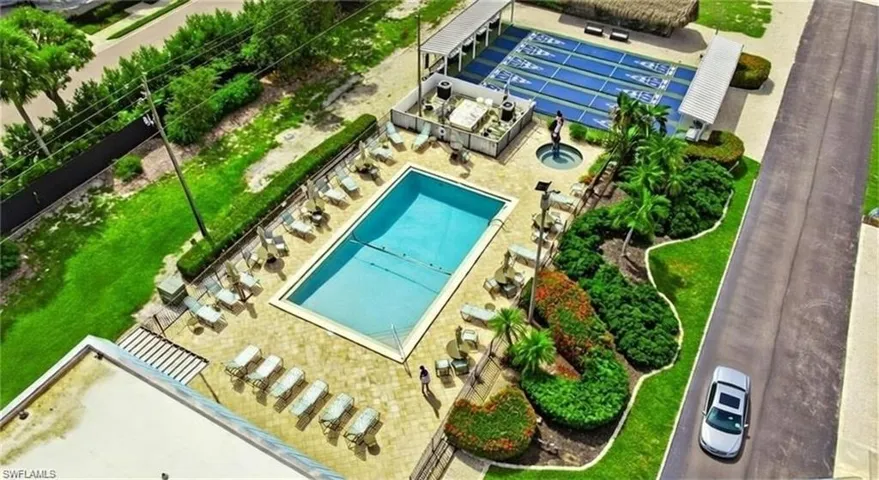 Drone / aerial view of a pool