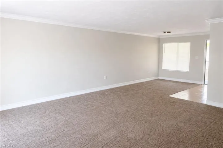 Spacious room featuring neutral carpeting, light-toned walls, and white crown molding