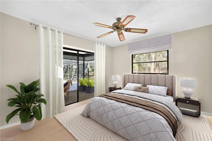 Virtually Staged Bedroom featuring access to exterior, wood finished floors, and a ceiling fan