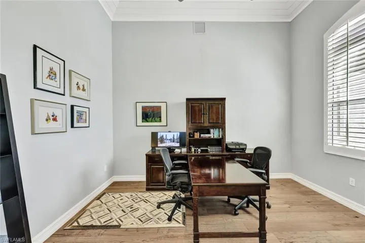 Office area featuring shiplap ceiling, molding, light hardwood / wood-style floors, and a healthy amount of sunlight, plantation shutters