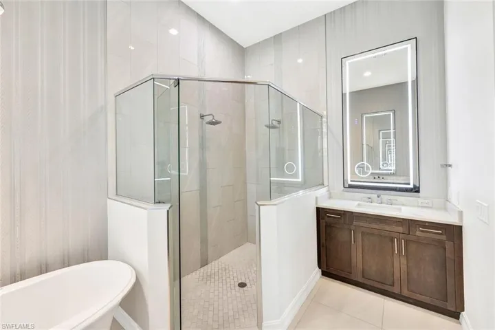 Bathroom with vanity, independent shower and bath, and vertical glass tile, Glass Shower, tile floors andLED Light with 3-Color and Anti-Fog Wall Mounted Bathroom Vanity Mirror