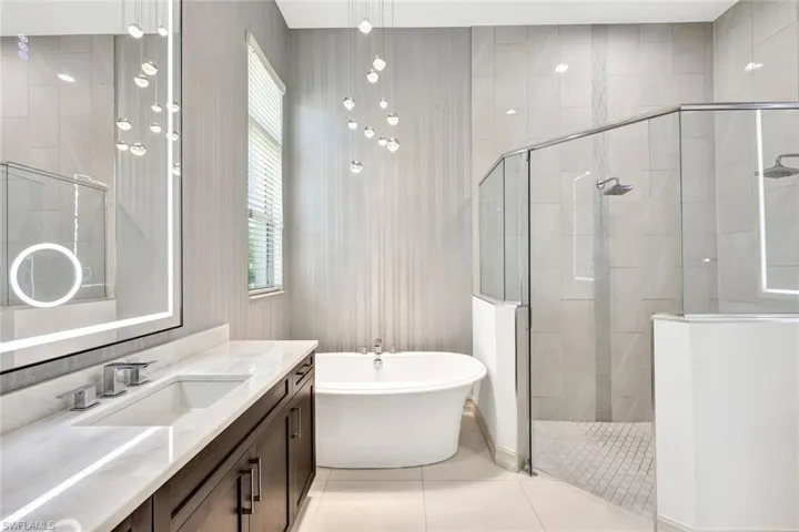 Bathroom with dual vanities, tile floors, and separate shower and tub,LED Light with 3-Color and Anti-Fog Wall Mounted Bathroom Vanity Mirrors