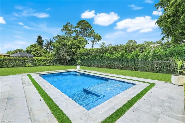 New pool installed in 2023 features a sun shelf, bench seating, LED lighting, and bubblers as well as a Pentair variable speed pump