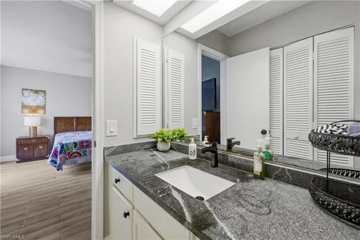 Bathroom featuring vanity, a closet, a skylight, and ensuite bathroom