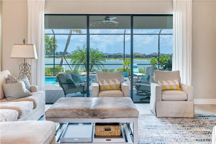 Living room featuring ceiling fan and a water view