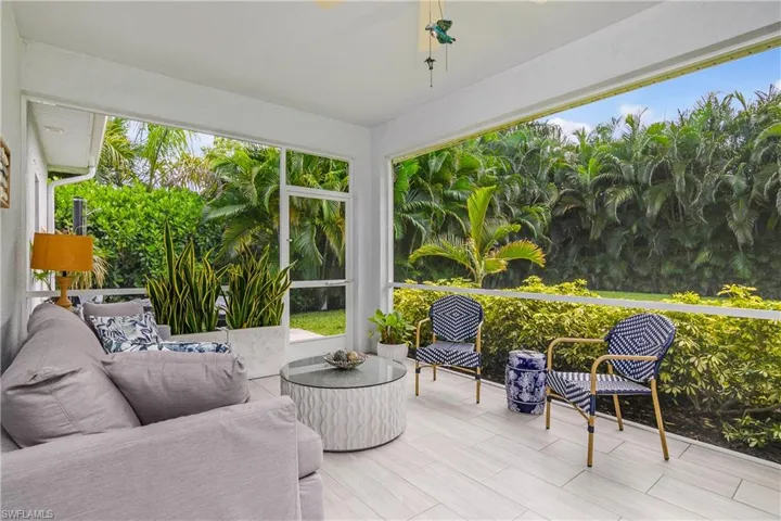 Screened lanai area overlooking the areca palms