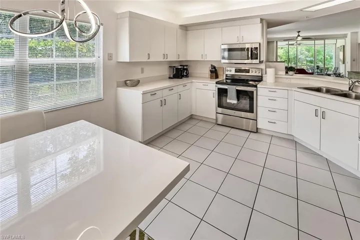Kitchen featuring white cabinetry, ceiling fan, and stainless steel appliances