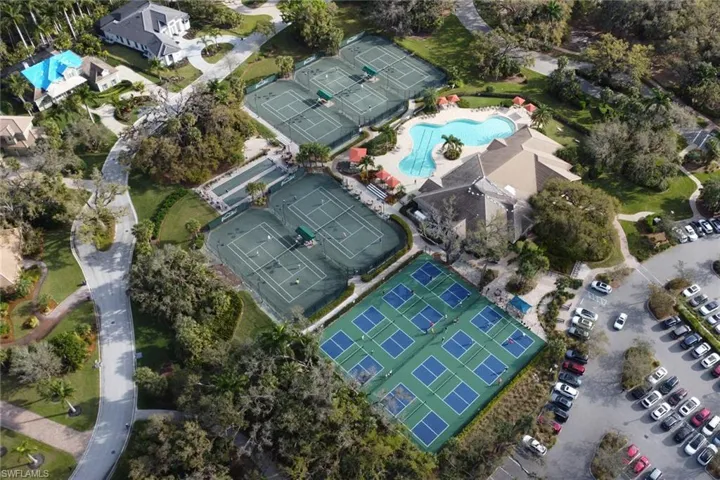 Birds eye view of fitness center, tennis and pickleball courts.  All included with your membership!