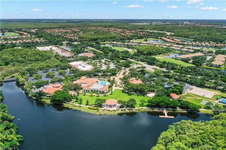Birds eye view of property with a water view