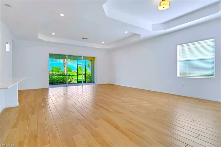 Unfurnished room with a raised ceiling, healthy amount of natural light, recessed lighting, and light wood finished floors