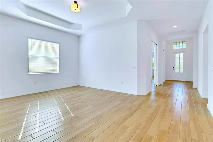 Unfurnished room featuring a tray ceiling and light wood-style floors