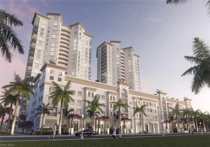 Prima Luce street front view with 6 story enclosed parking garage on First Street.