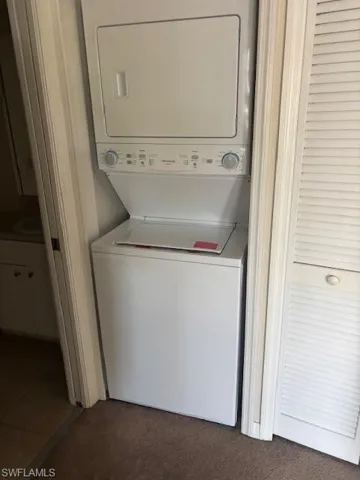 Washroom with stacked washer / dryer and dark colored carpet