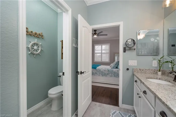 Bathroom featuring toilet, vanity, ceiling fan, wood-type flooring, and ornamental molding