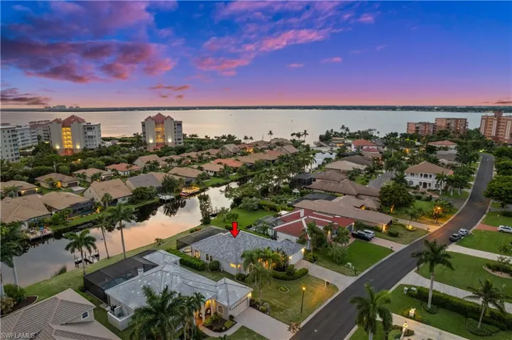 Aerial view at dusk with a water view