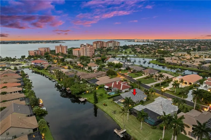 Aerial view at dusk with a water view
