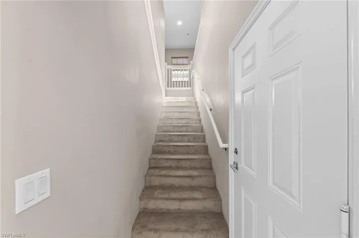 Carpeted staircase with white handrail and panel door with brushed nickel hardware