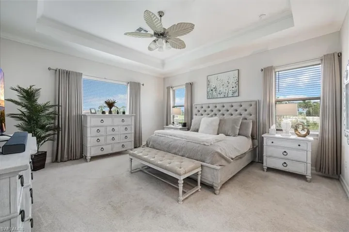 Bedroom featuring a tray ceiling, light carpet, multiple windows, and ornamental molding