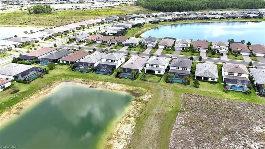 Aerial depiction of residential properties featuring a variety of architectural styles
