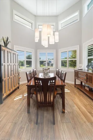 Dining area with baseboards, a high ceiling, light wood-style floors, and a healthy amount of sunlight