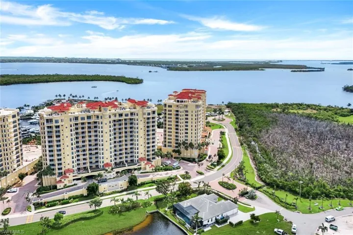 Birds eye view of property featuring a water view