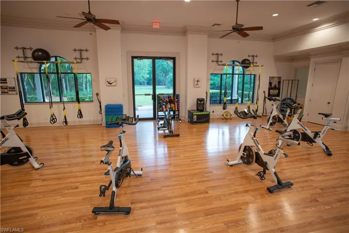 Exercise room featuring ceiling fan, crown molding, and light hardwood / wood-style floors