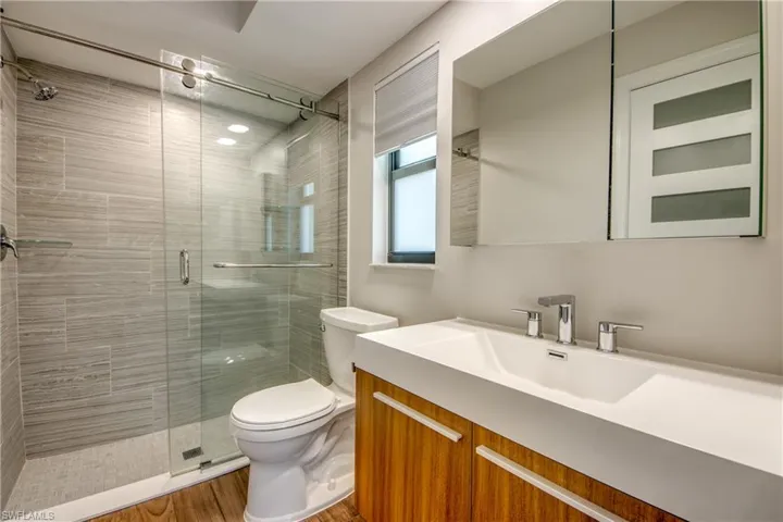 Bathroom with vanity, toilet, hardwood / wood-style flooring, and walk in shower