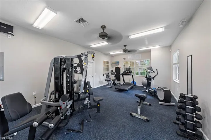 Fitness center featuring a multi-station gym, cardio equipment, and ceiling fans