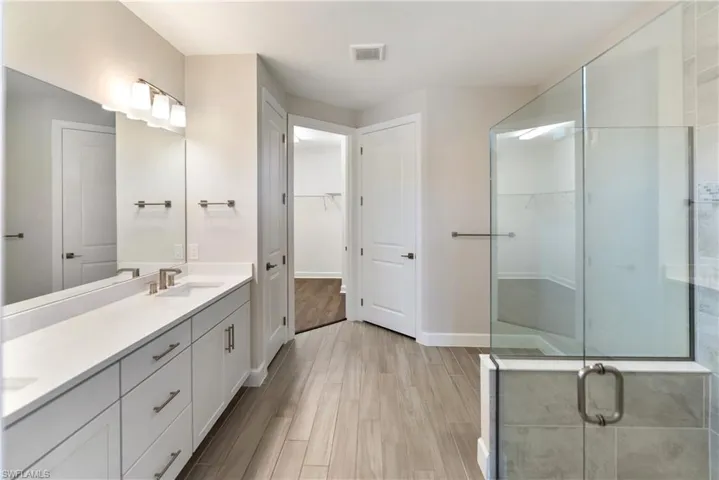Primary bathroom featuring a walk in closet, double vanity, light wood-style floors, and a stall shower