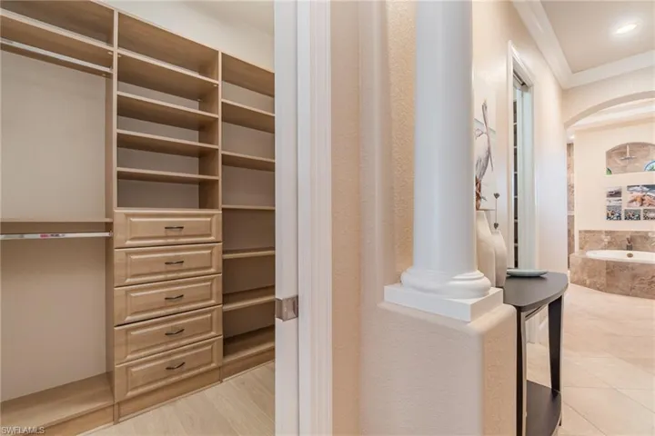 Spacious closet featuring ornate columns and light wood-type flooring