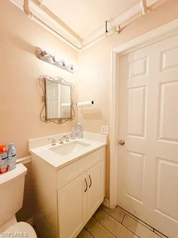 Half bath featuring vanity and toilet