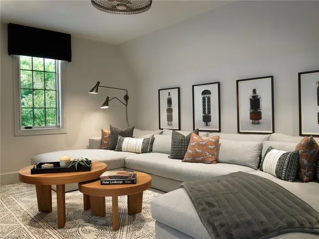 Living room with lofted ceiling