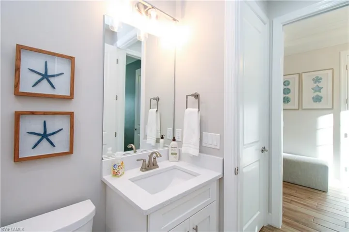 Bathroom with vanity, hardwood / wood-style flooring, and toilet