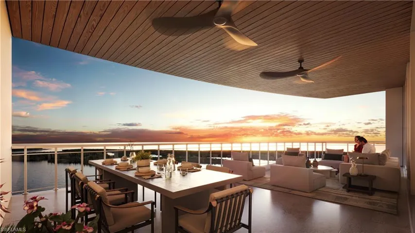 rendering Balcony featuring a water view, ceiling fan, an outdoor hangout area, and outdoor dining area