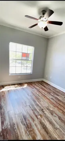 Room featuring wood-finish flooring, multi-pane window, and overhead ceiling fan with light fixture