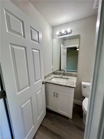 Bathroom with vanity, toilet, and hardwood / wood-style floors