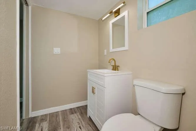 Bathroom with wood-type flooring, vanity, and toilet