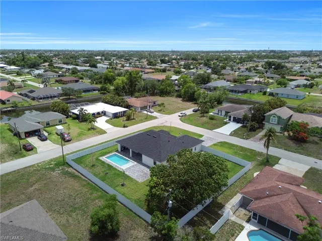 Aerial view of residential area with a pool area